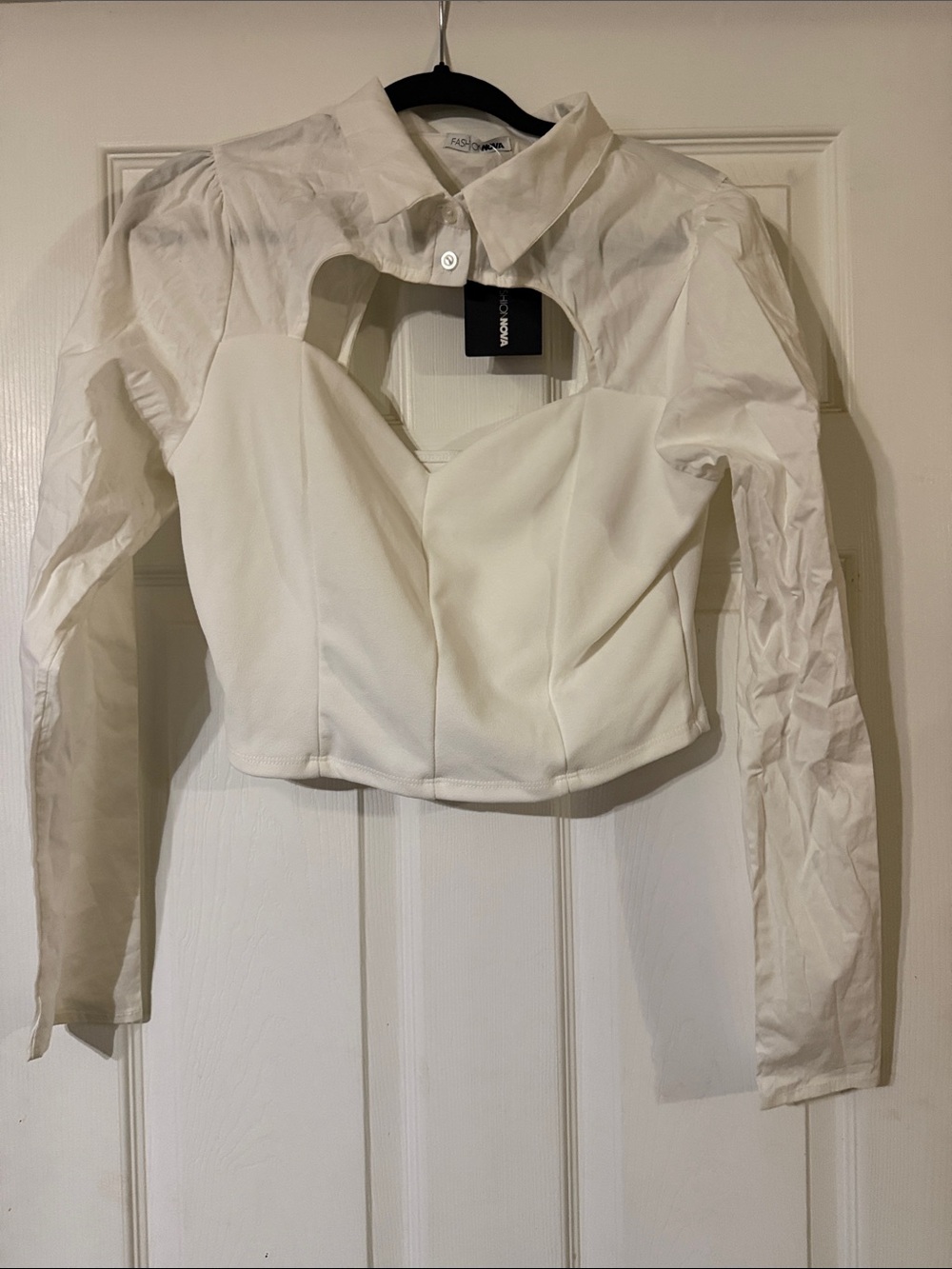 NWT Fashion Nova White Cutout Collar Long Sleeve Corset Crop Top XL